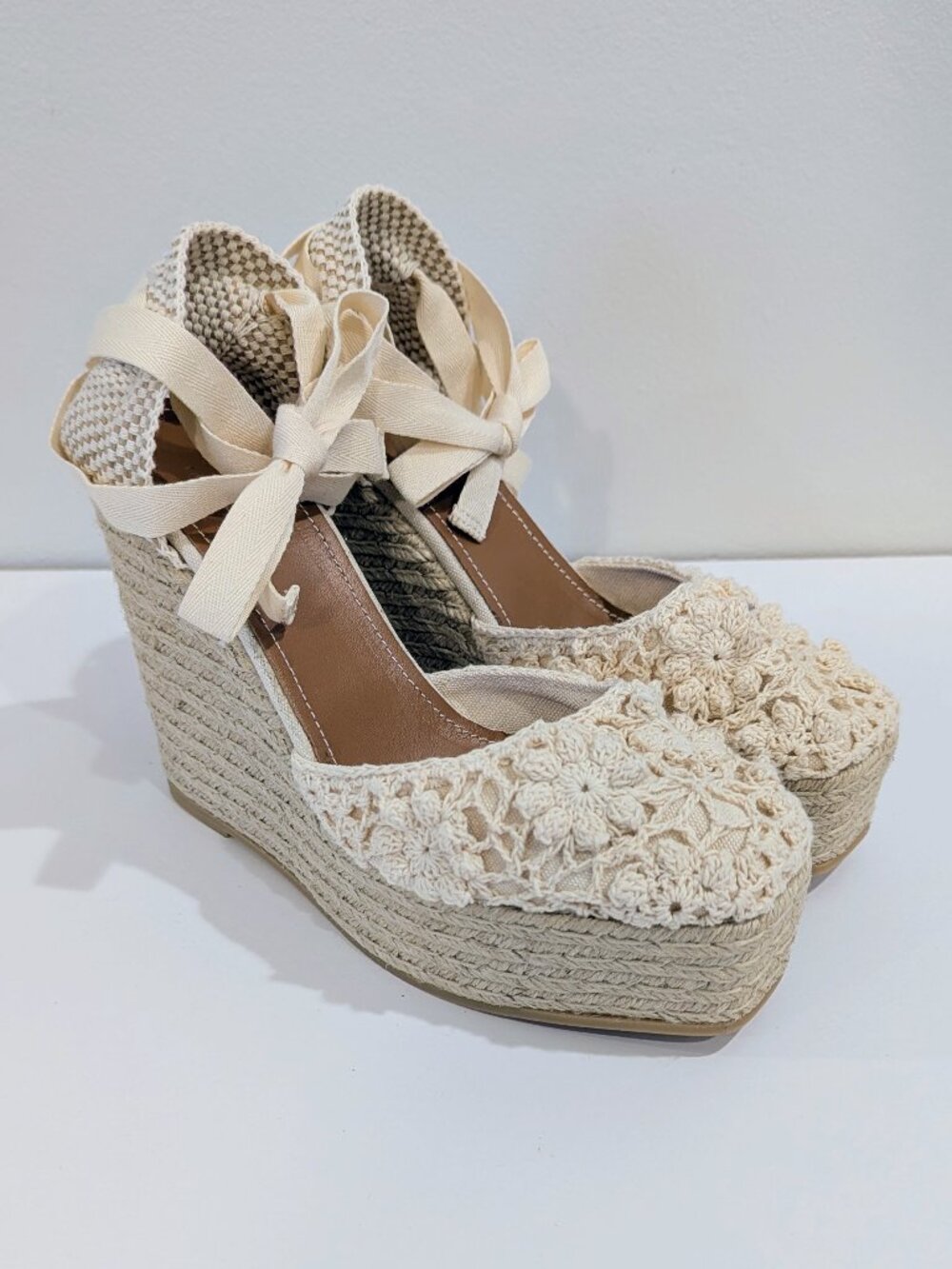 POLO RALPH LAUREN Macrame Crochet Wedge Espadrilles 8 Lace-Up Ankle Cream Ivory
